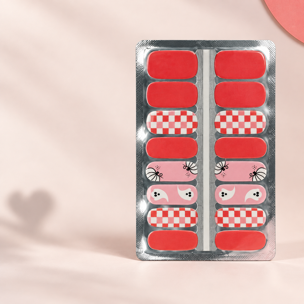 Orange Checkered Ghost Halloween nail wraps with checkerboard and pink ghosts – EzyNails NZ
