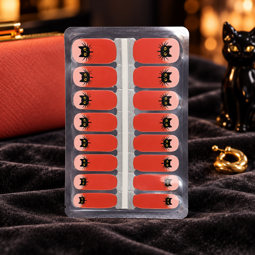 Coral Black Cat Halloween nail wraps with black cats and blush pink tips – EzyNails NZ