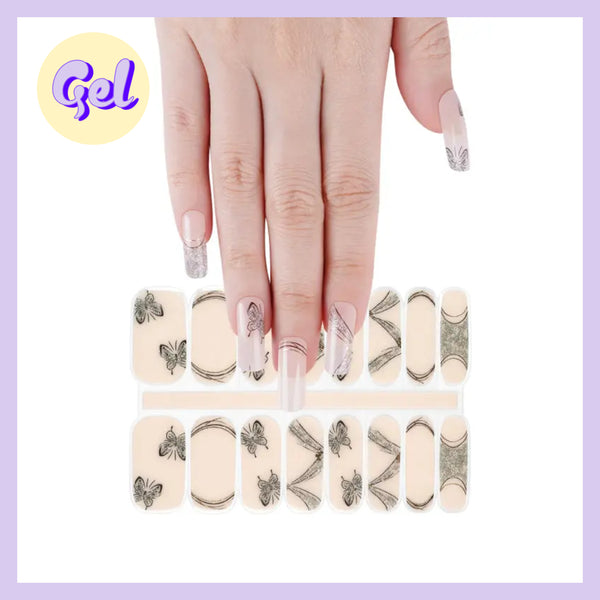 Vintage Butterfly Gel Nailwraps – Natural Base with Line Art & Glitter Accents