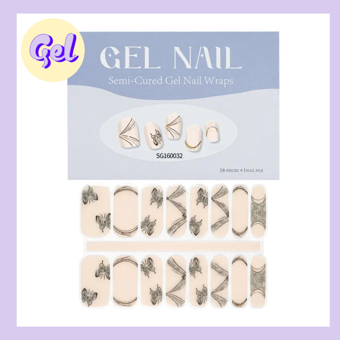 Vintage Butterfly Gel Nailwraps – Natural Base with Line Art & Glitter Accents