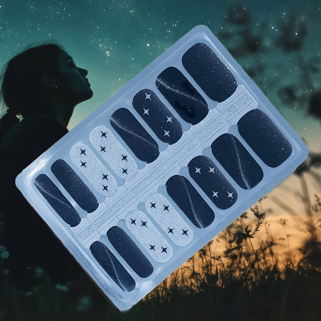 Matariki Starfall Nailwraps – Black & Silver with Cut-Out Stars