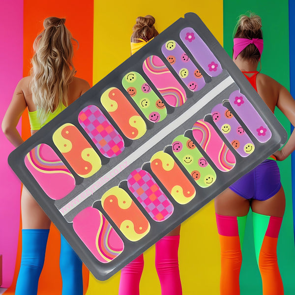 Retro Pop Vibes Nailwraps – Neon Smiley Faces & Swirls