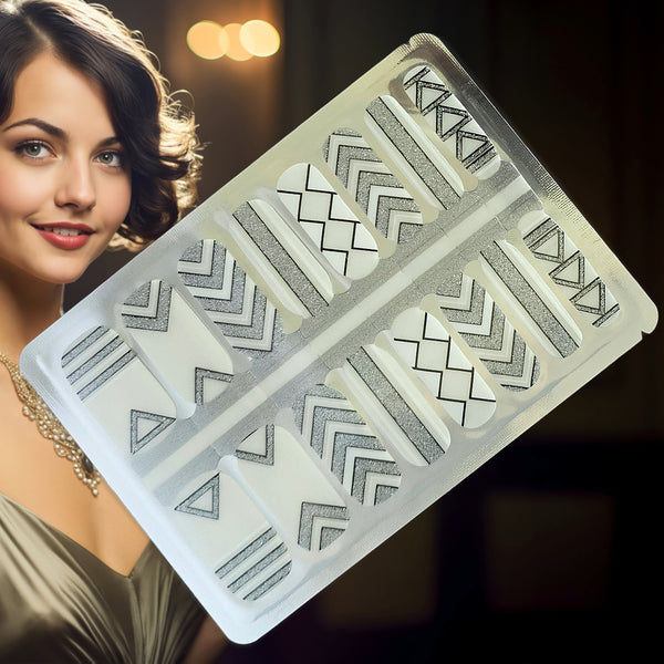 Monochrome Maze Nailwraps – Silver & White Geometric Nail Stickers