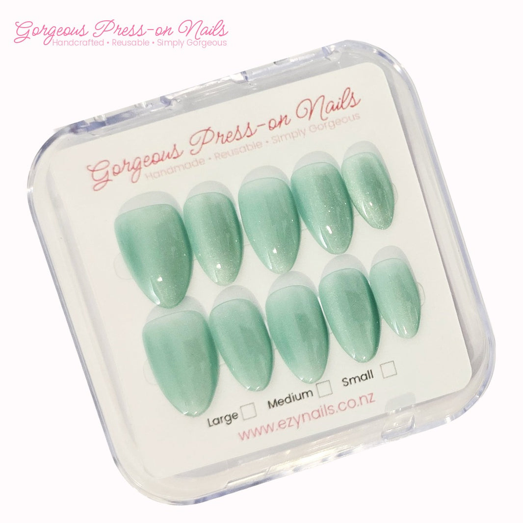 Mint Glimmer Cat-Eye Almond Press-On Nails