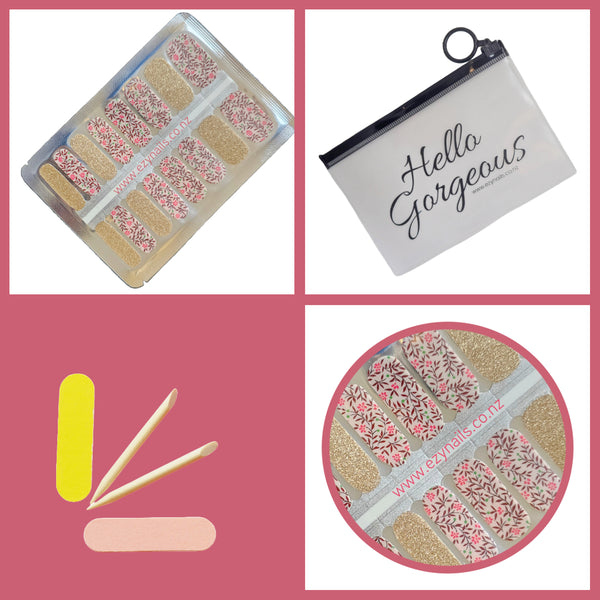 Maroon & Pink branches with glitter gold accents Nailwraps