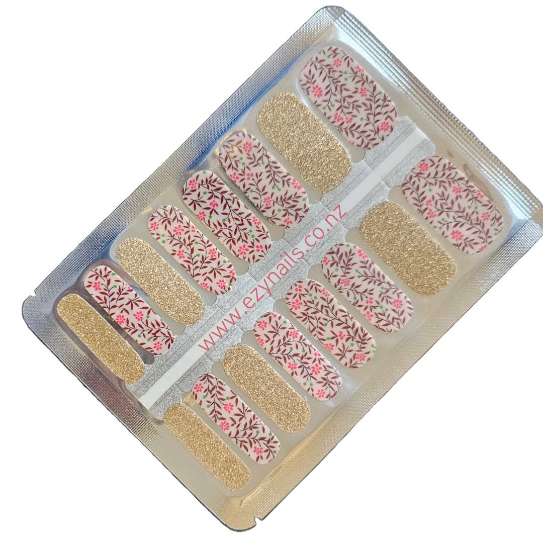 EzyNails Nail Polish Nail Wraps Maroon and Pink branches with glitter gold accents Nailwraps All Nailwraps