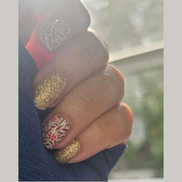 EzyNails Nail Polish Nail Wraps Maroon and Pink branches with glitter gold accents Nailwraps All Nailwraps