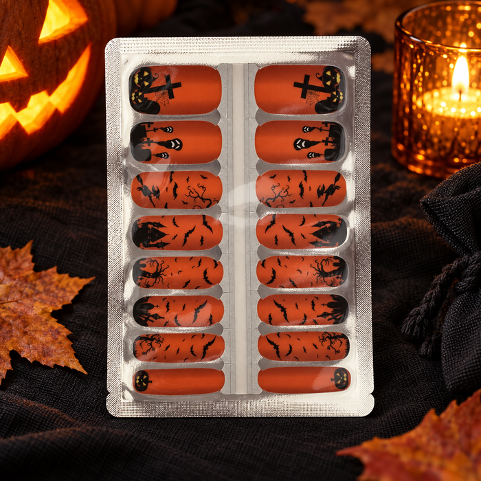 Orange Haunted Graveyard Halloween nail wraps by candlelight – EzyNails NZ