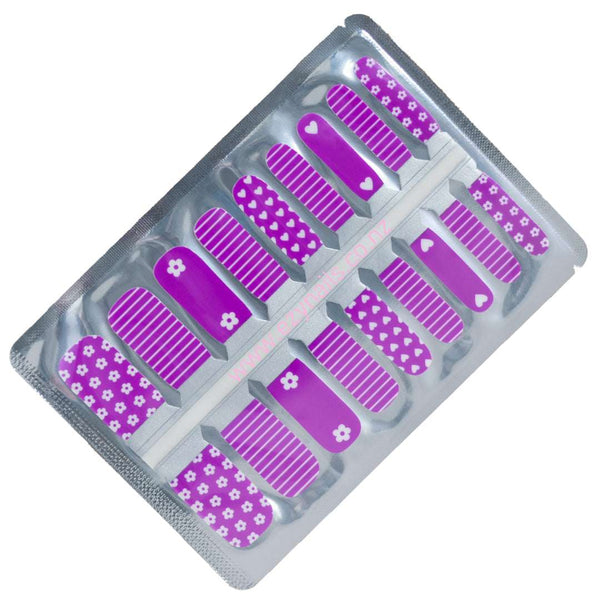 EzyNails Nail Polish Nail Wraps Happy Purple Flowers & Stripes Kids Size Nailwraps All Nailwraps