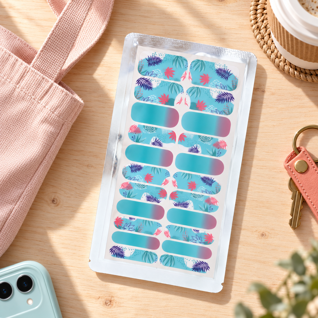 Teal and pink tropical ombre nail wraps with pink florals, 22-wrap set