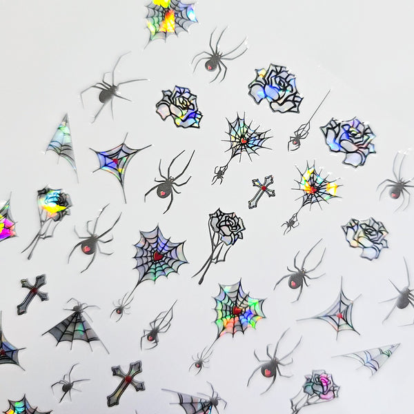 Gothic Holographic Nail Stickers – Spiders, Webs, Roses & Crosses