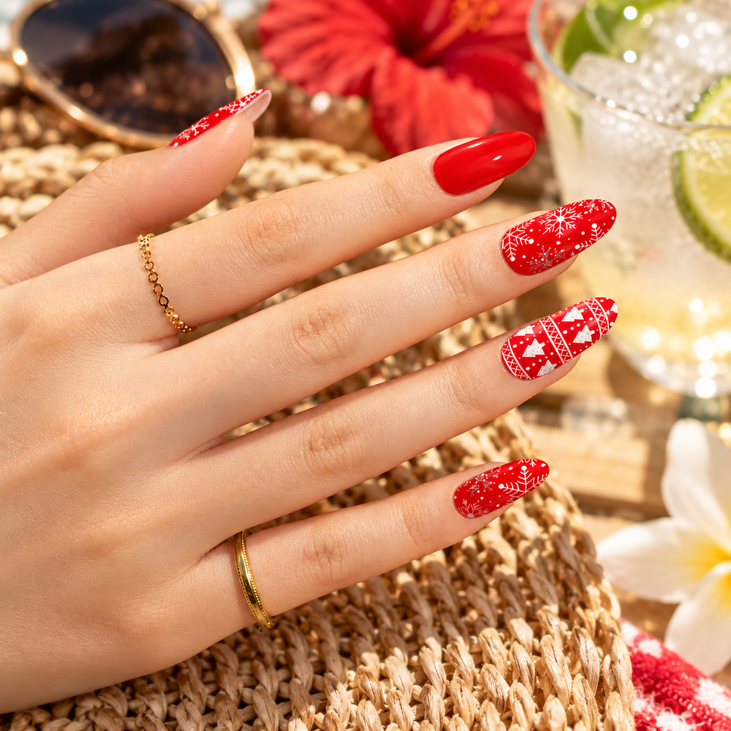 Sleigh All Day Red Christmas Gel Wraps, red with reindeer, snowflakes and trees – EZYNails nail wraps, NZ