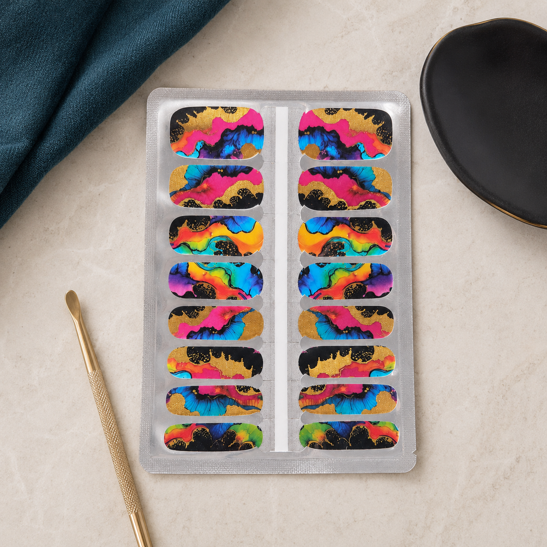 Colour Riot multicolour abstract nail wraps with black and gold accents