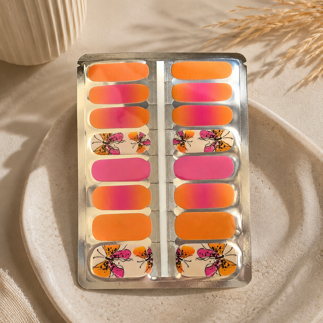 Orange Pink Butterfly Nail Wraps