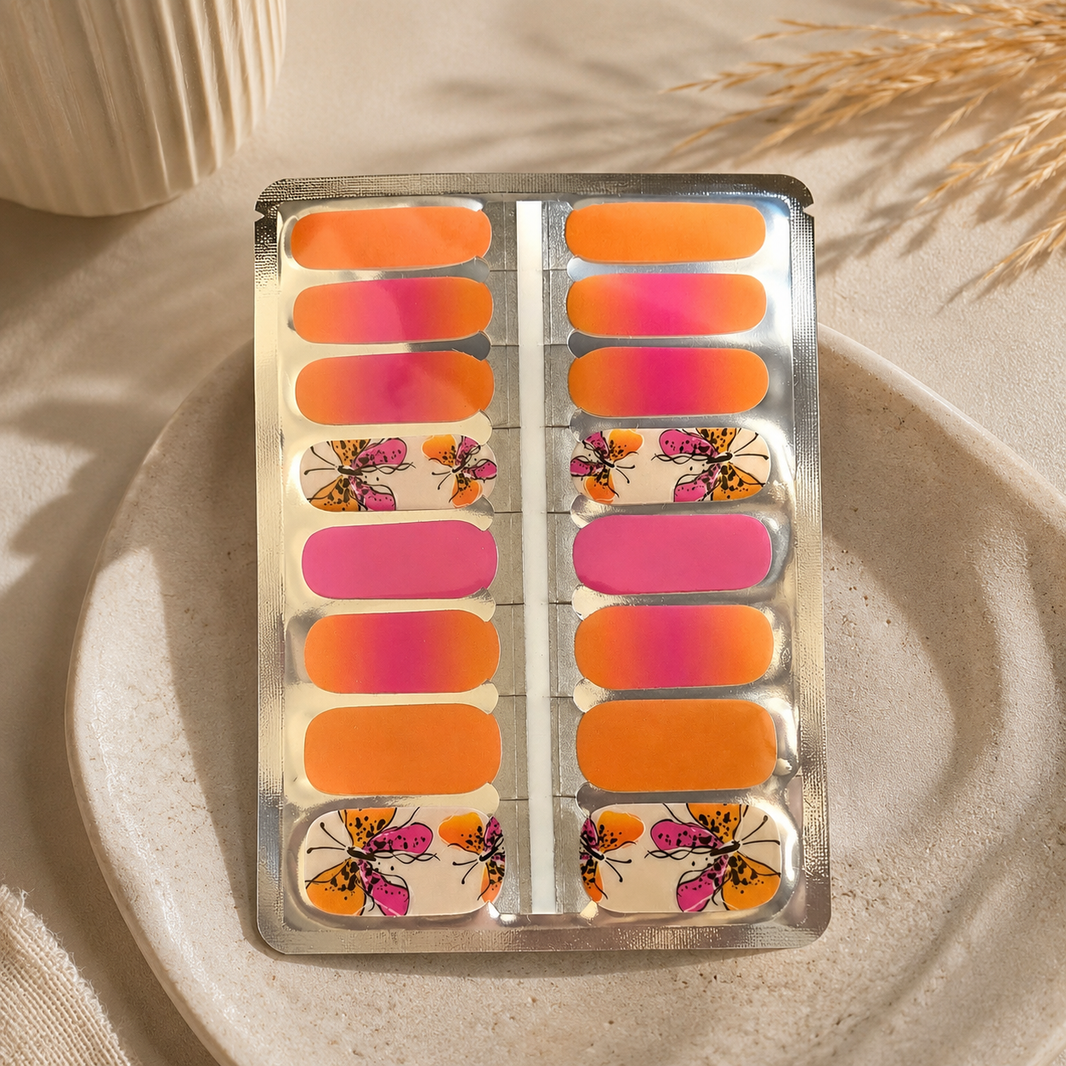 Orange Pink Butterfly Nail Wraps