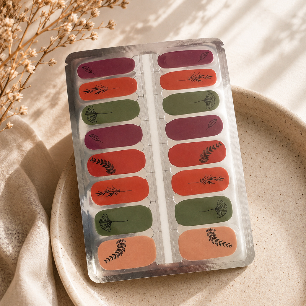 Earth Sketch botanical line art nail wraps in earthy colours