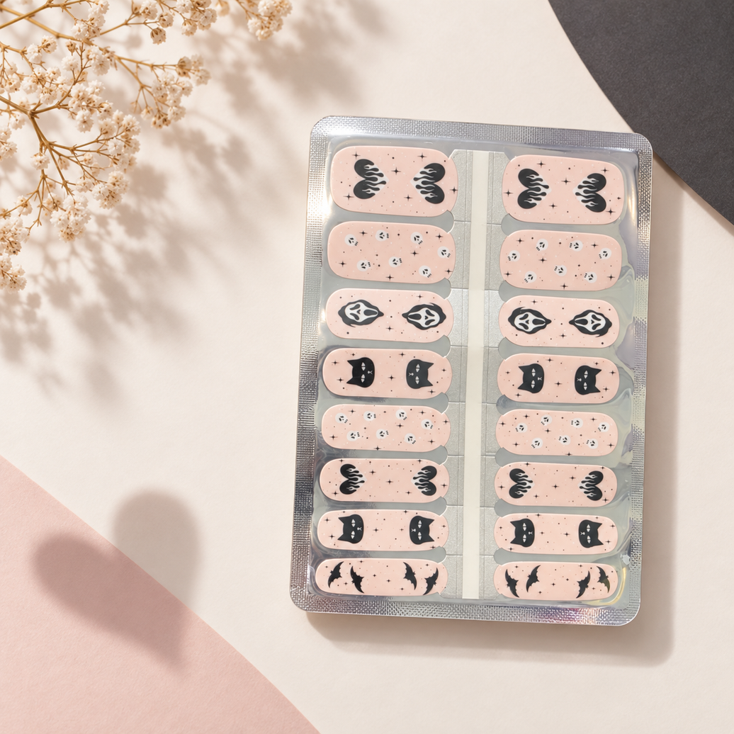 Pink Spooky Cute Halloween nail wraps with black cats, bats and ghosts on blush pink – EzyNails NZ
