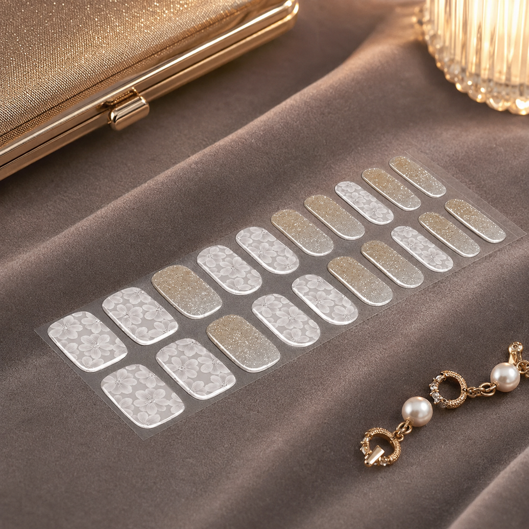 White Floral Gold Shimmer Ombre Nail Wraps