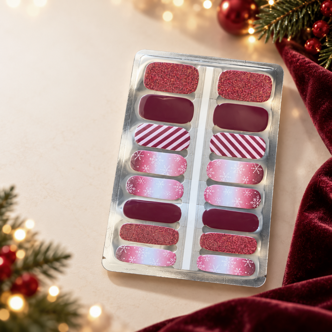 Christmas Frosted Candy Cane Nail Wraps, red glitter, candy cane stripes and snowflakes – EZYNails nail wraps, NZ