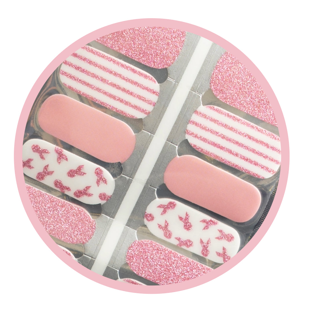 Pink and White Glitter Ribbon Nailwrap Set of 16