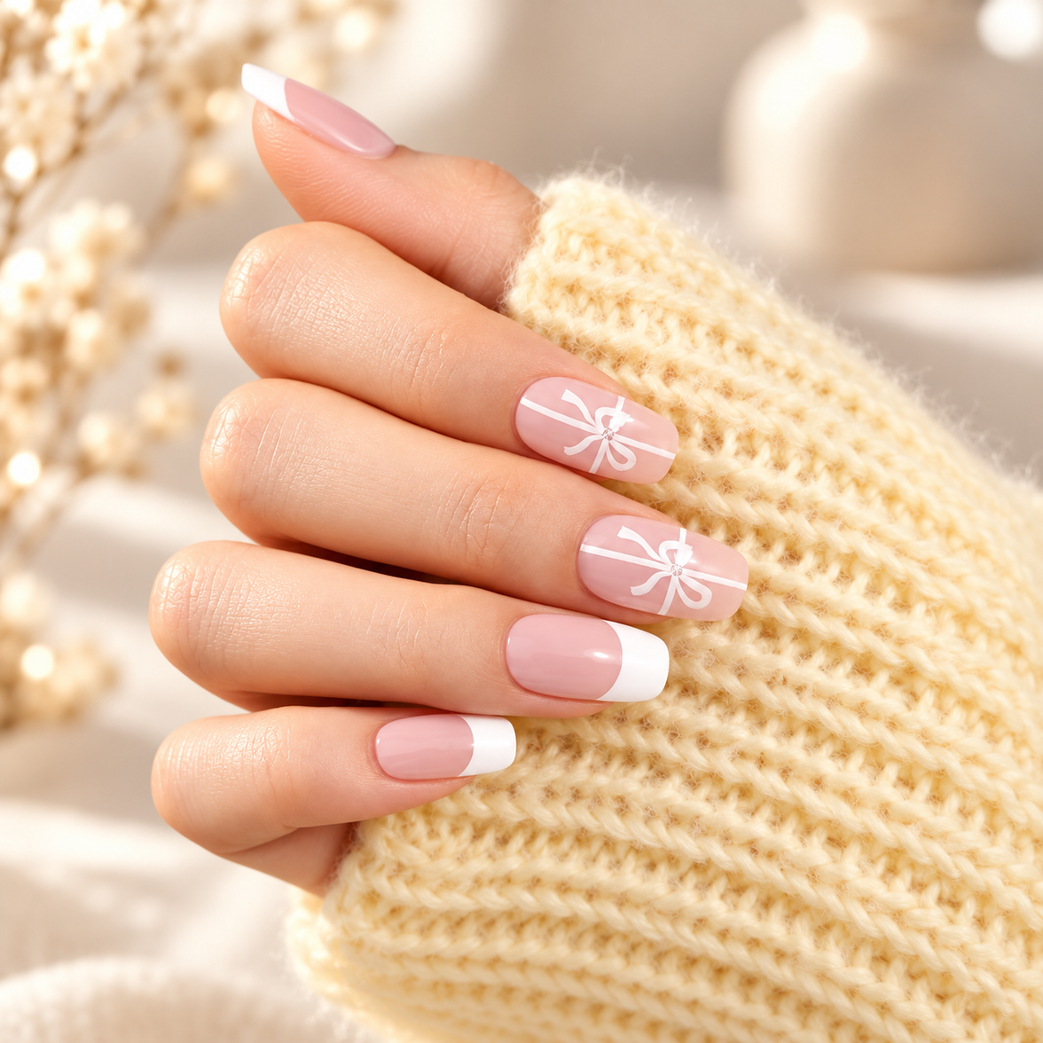 Christmas Blush Bow French Tip Gel Wraps, blush pink French tips with white bows – EZYNails nail wraps, NZ