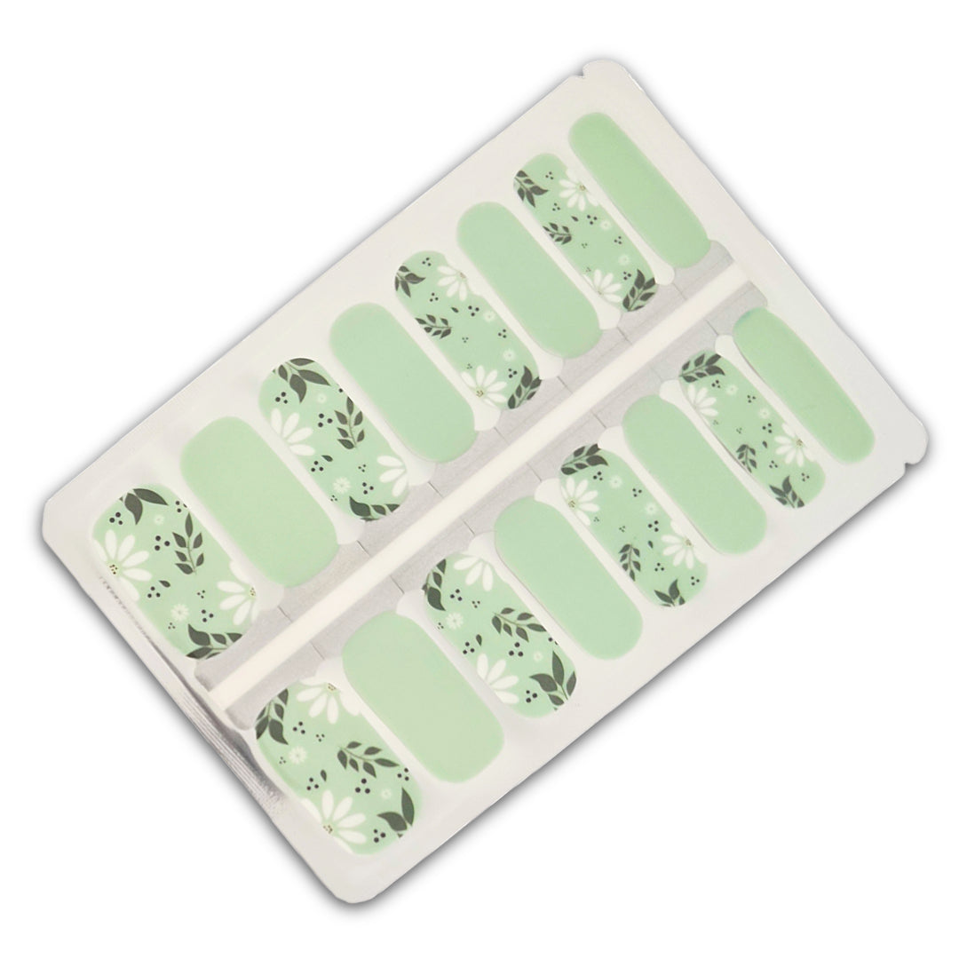 Mint Blossom Floral Nail Polish Nailwraps – Green & White Flower Strips