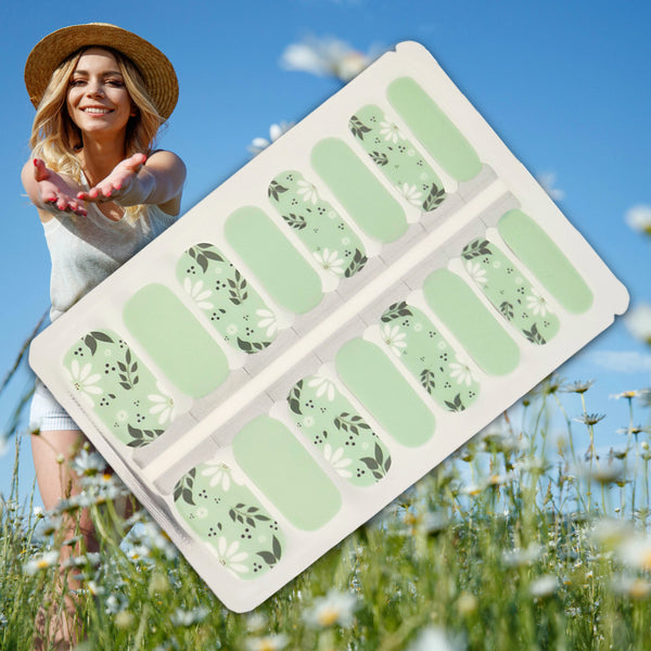 Mint Blossom Floral Nail Polish Nailwraps – Green & White Flower Strips