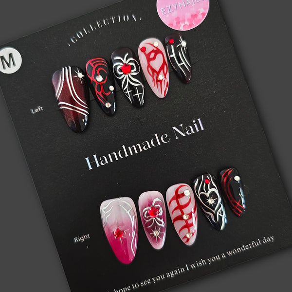 Crimson Desire Handmade Press-On Nails – Black & Red Gothic Glam