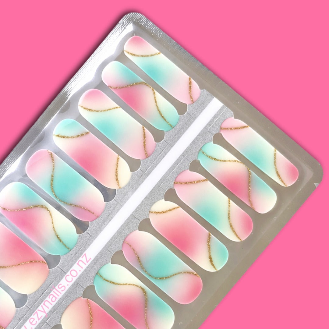 Sugar Skies Nailwraps – Pastel Swirls & Golden Sparkle