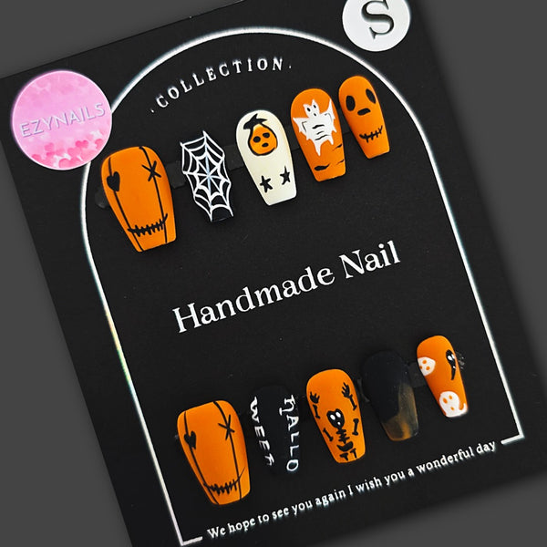 Spooky Hallo-Ween Handmade Press-On Nails – Orange & Black