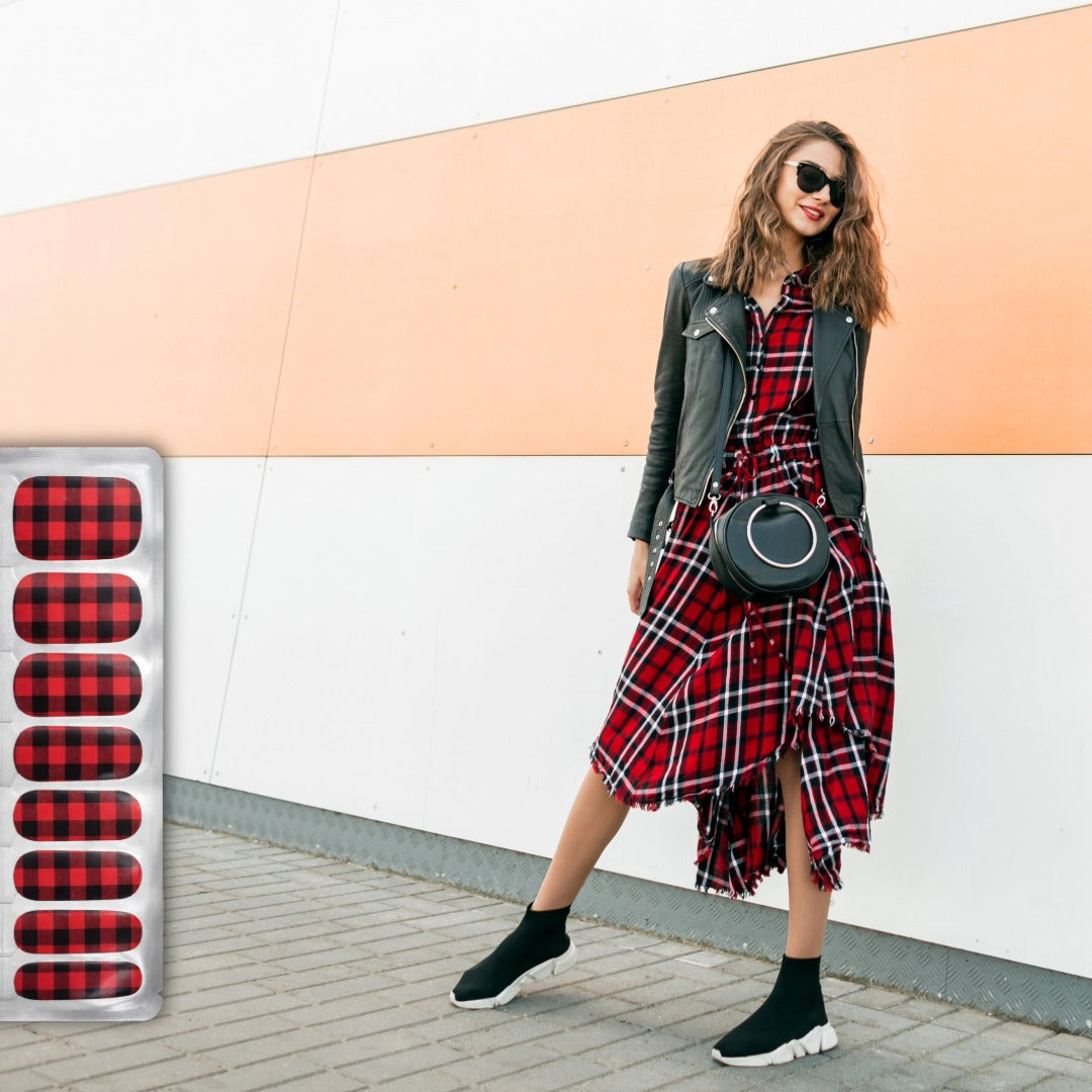 Red Check Nail Wraps – Bold Plaid Nail Strips
