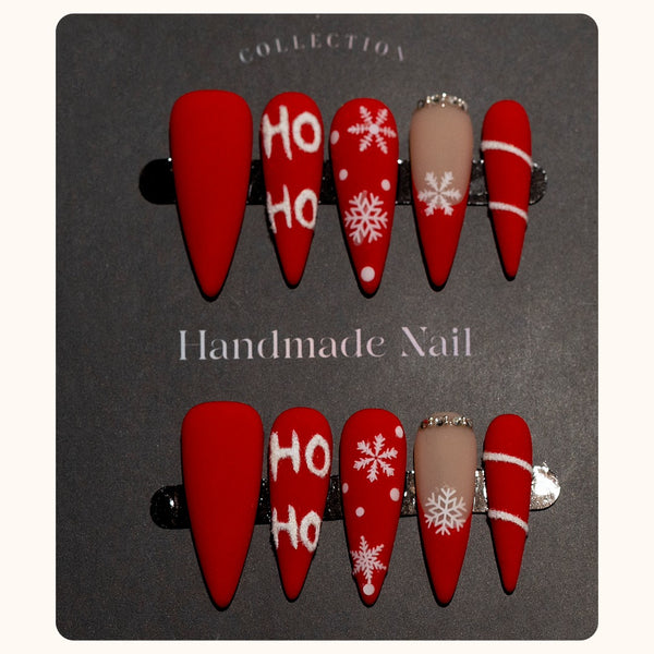 Ho Ho Holiday Stiletto Press-on Nails – Christmas Red Set