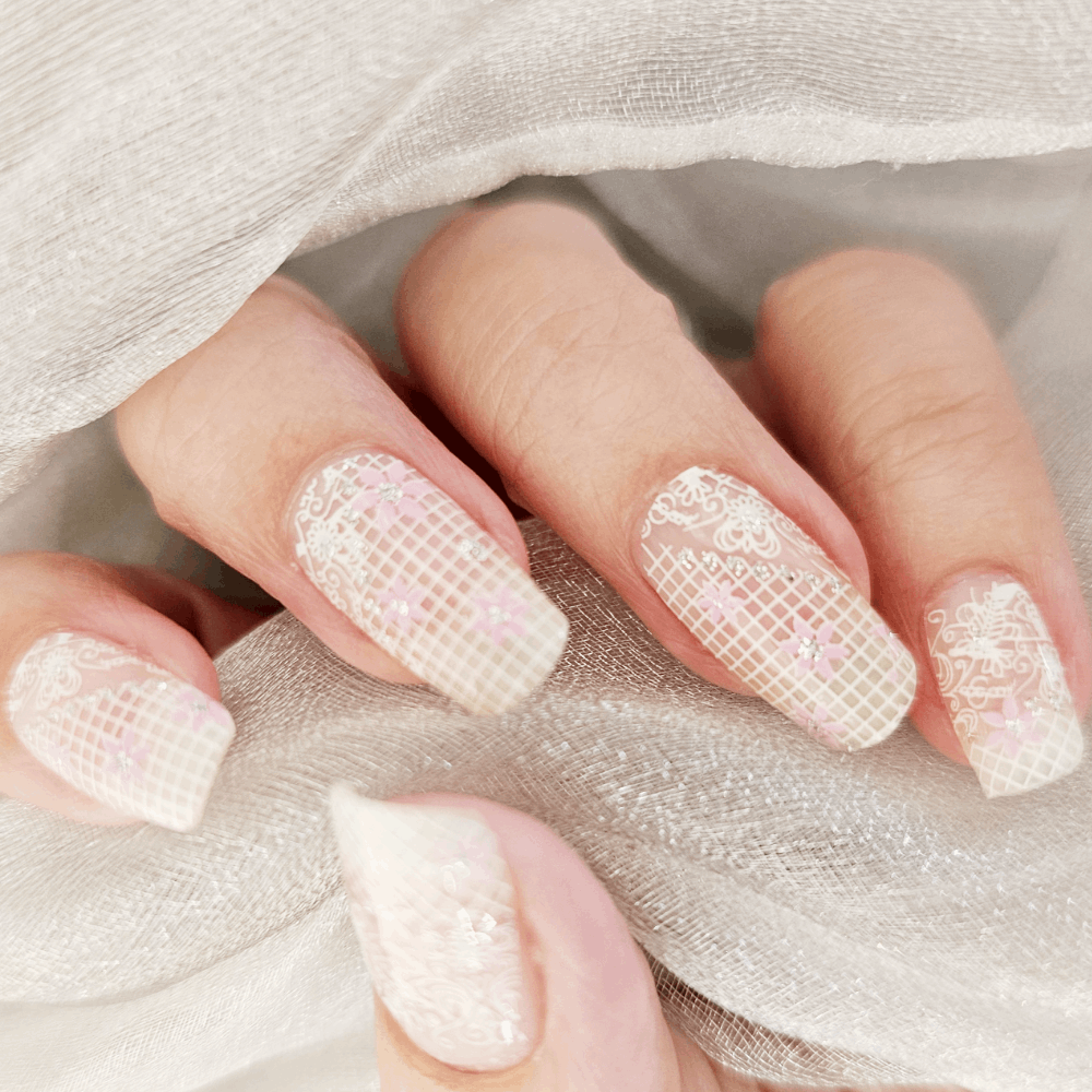 Pink Floral Silver Lace Nailwrap Set