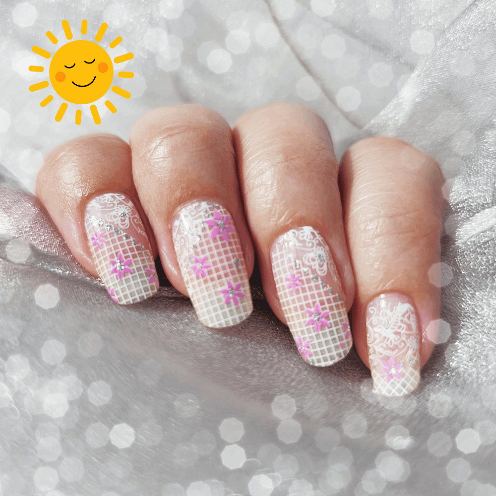 Pink Floral Silver Lace Nailwrap Set