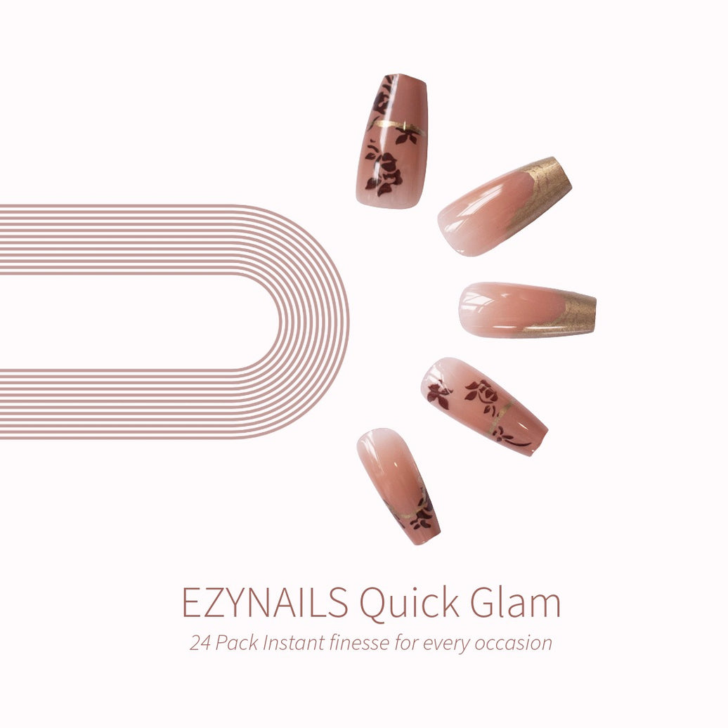 Quick Glam Mocha Bloom Gold-Tip Press-On Nails
