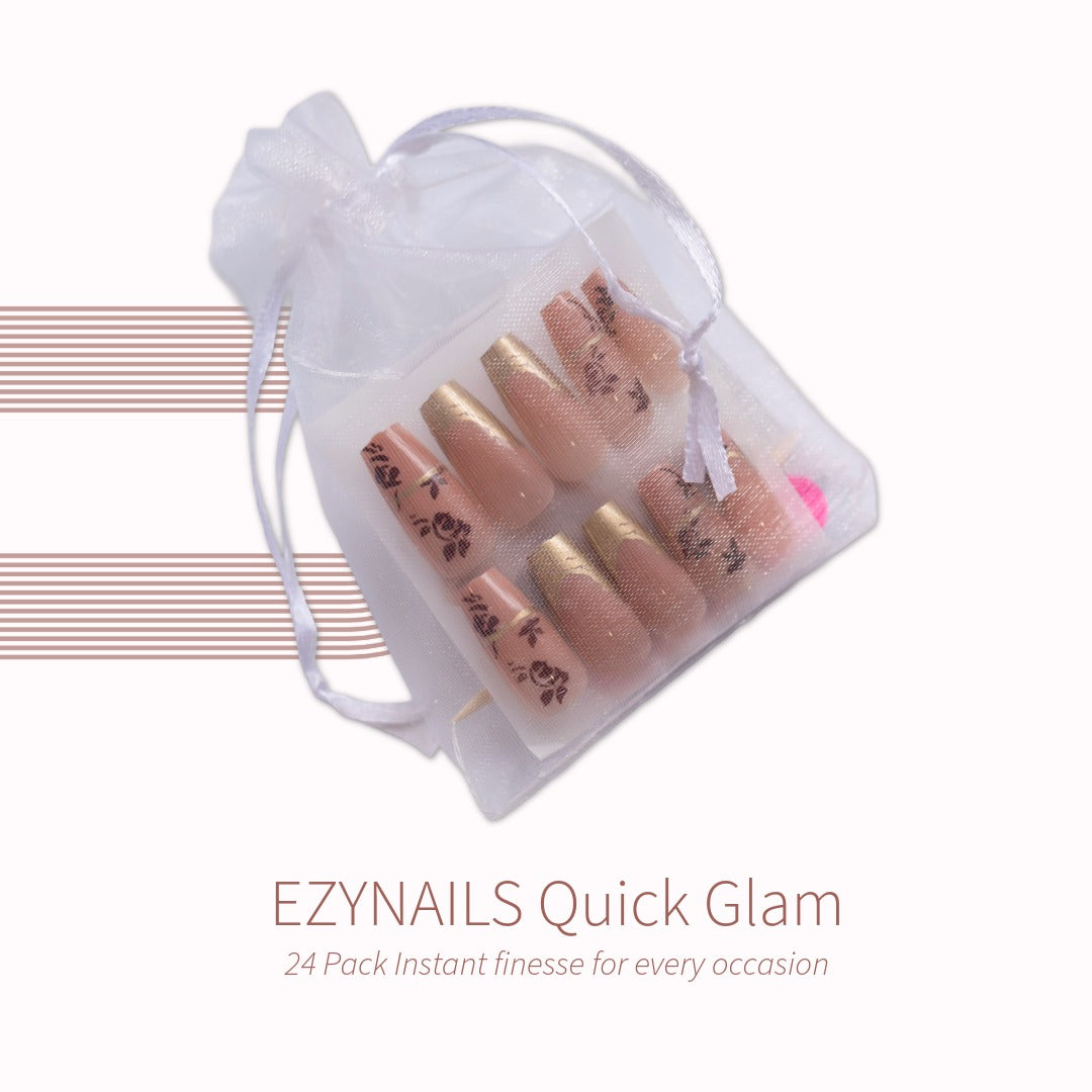 Quick Glam – Mocha Bloom Gold-Tip Press On Nails (24 Pack)