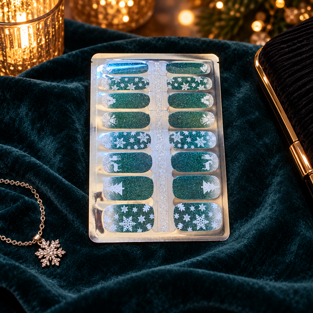 Twinkling Snowfall Christmas Nail Wraps, glittery teal with snowflakes, trees and reindeer – EZYNails nail wraps, NZ
