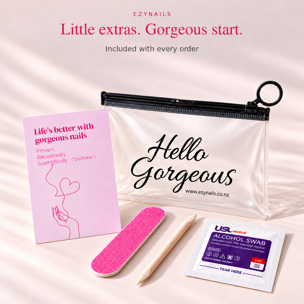 EZYNails extras included with every order: Hello Gorgeous storage pouch, mini nail file, cuticle stick, alcohol prep pad and card
