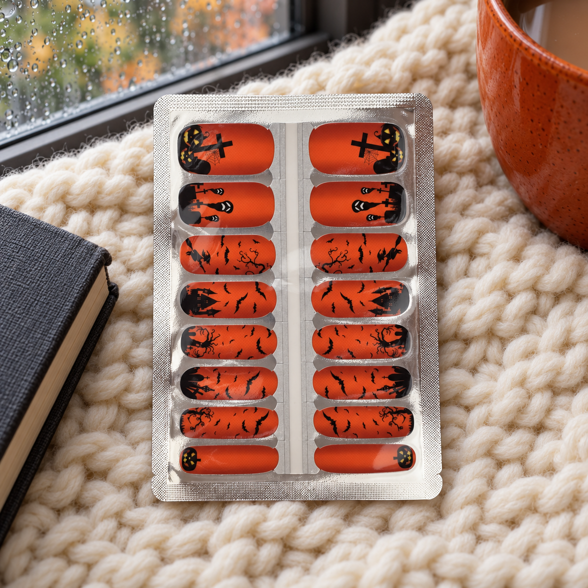 Orange Haunted Graveyard Halloween nail wraps by a rainy window
