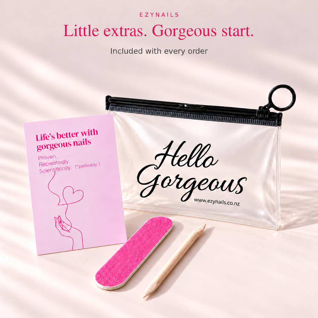 EZYNails extras included with every order: Hello Gorgeous storage pouch, mini nail file, cuticle stick and card