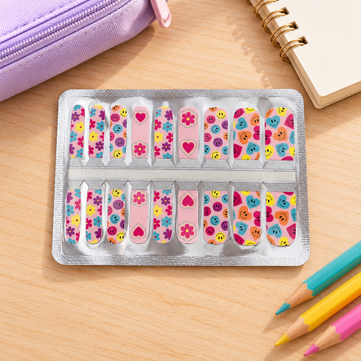 Kids Pink Smiley Heart Nail Wraps