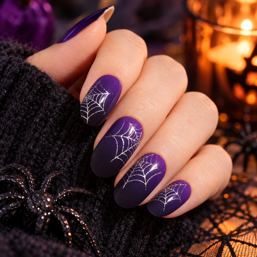 Purple Ombre Spiderweb Halloween Premium Gel Wraps, glam purple spiderweb manicure – EZYNails nail wraps, NZ