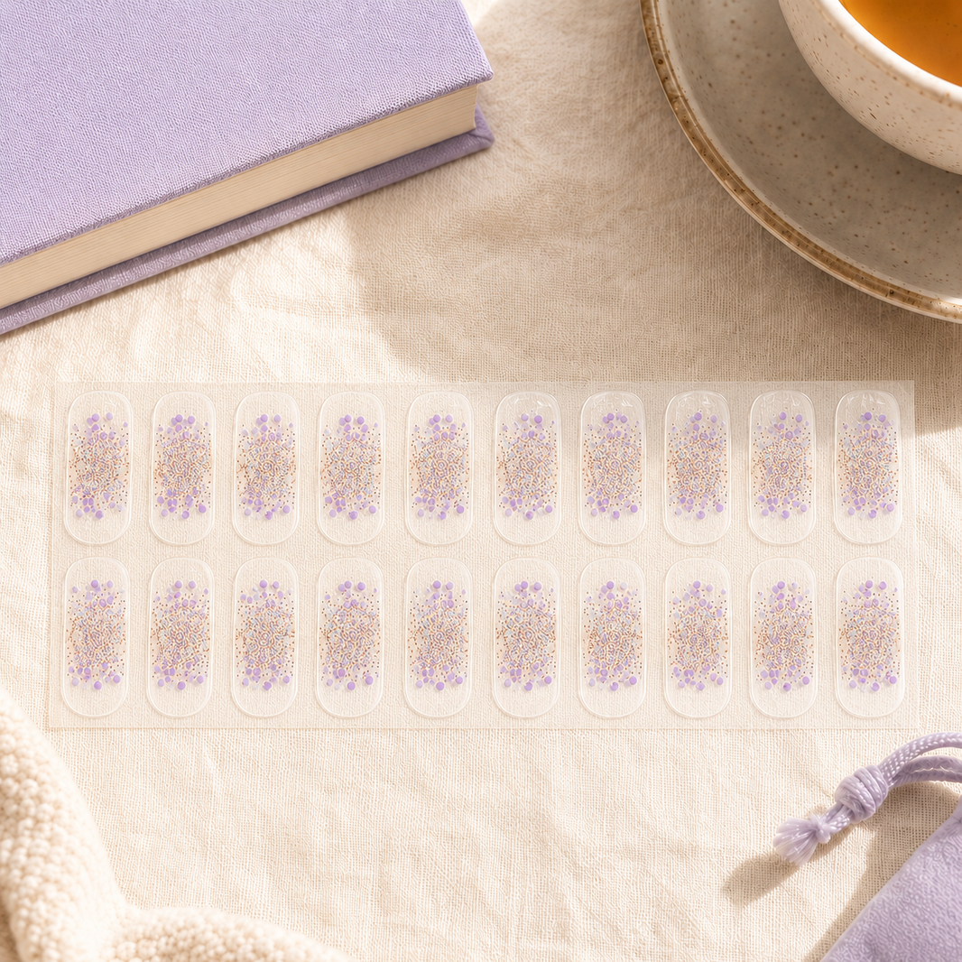 A sheet of 15 clear press-on nails with lavender floral and gold glitter designs, arranged on a beige linen surface next to a purple book and a cup of tea.