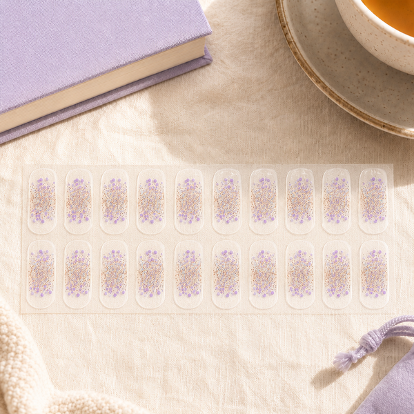 A sheet of 15 clear press-on nails with lavender floral and gold glitter designs, arranged on a beige linen surface next to a purple book and a cup of tea.