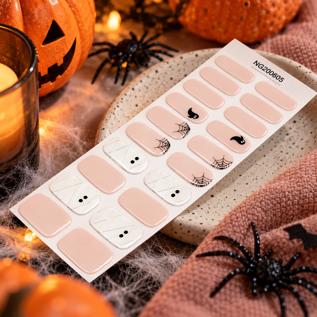 Nude Mummy Ghost Halloween Premium Gel Wraps, mummy nail wraps still life – EZYNails nail wraps, NZ