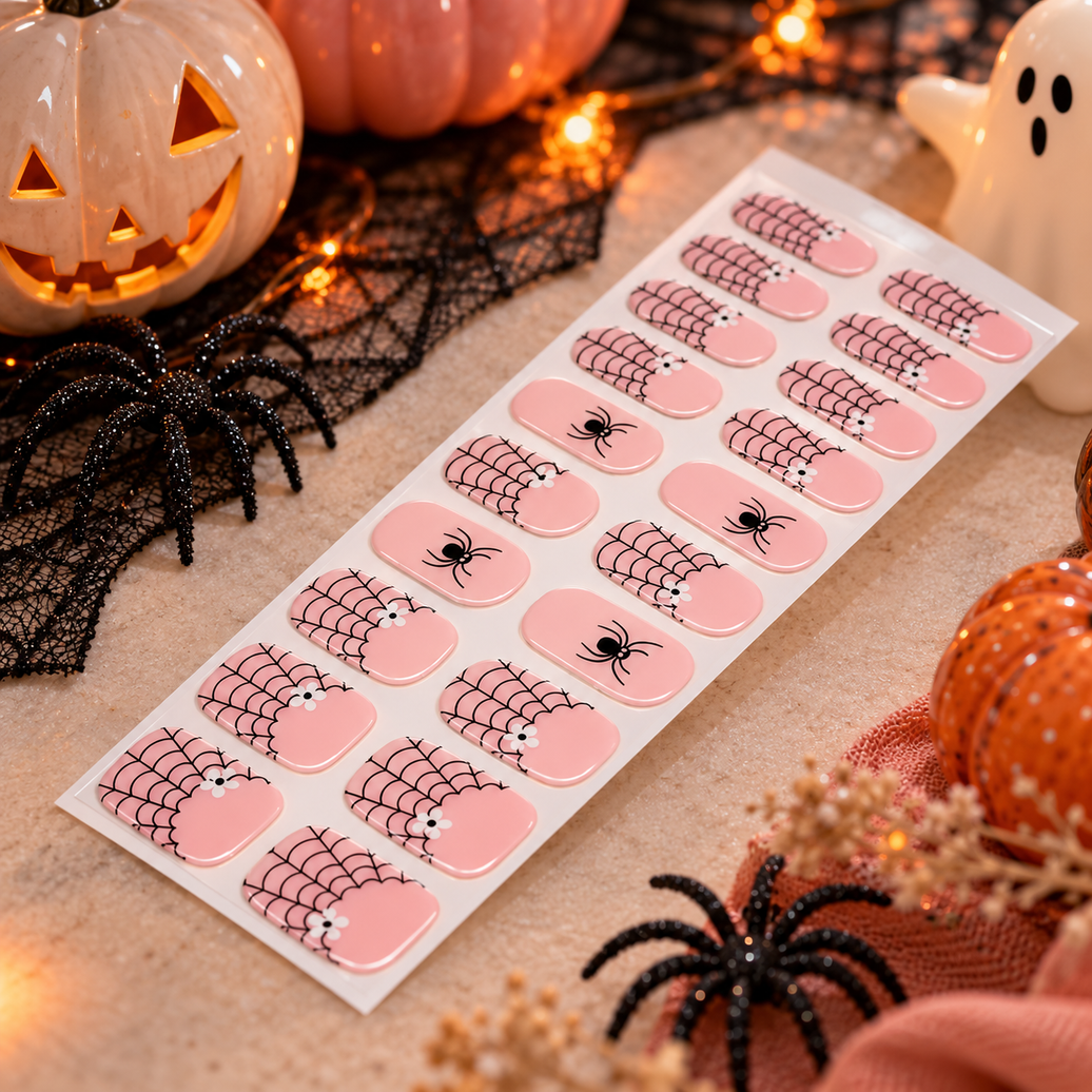 Pink Spiderweb French Tip Halloween Premium Gel Wraps, pink French tip with spiderweb detail – EZYNails nail wraps, NZ