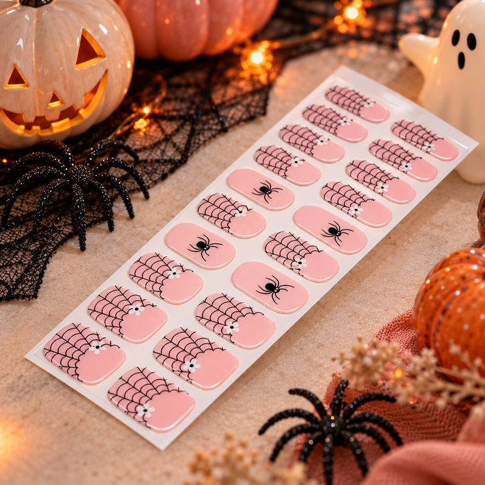 Pink Spiderweb French Tip Halloween Premium Gel Wraps, pink French tip with spiderweb detail – EZYNails nail wraps, NZ