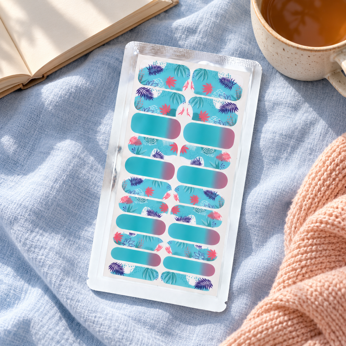 Teal Tropical Ombre nail wrap sheet with wider sizes for broader nails