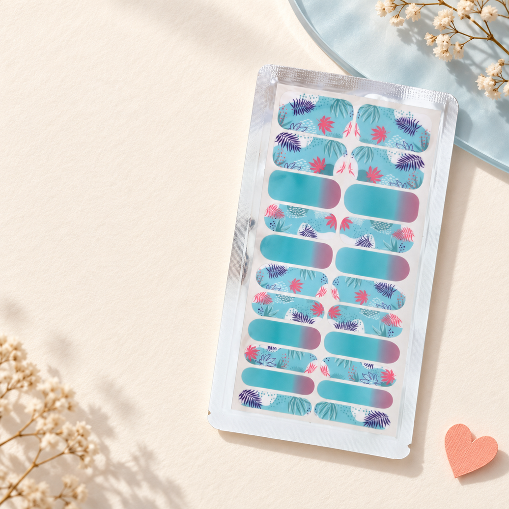 Teal Tropical Ombre nail wraps, teal to pink gradient with palm leaves – EzyNails NZ