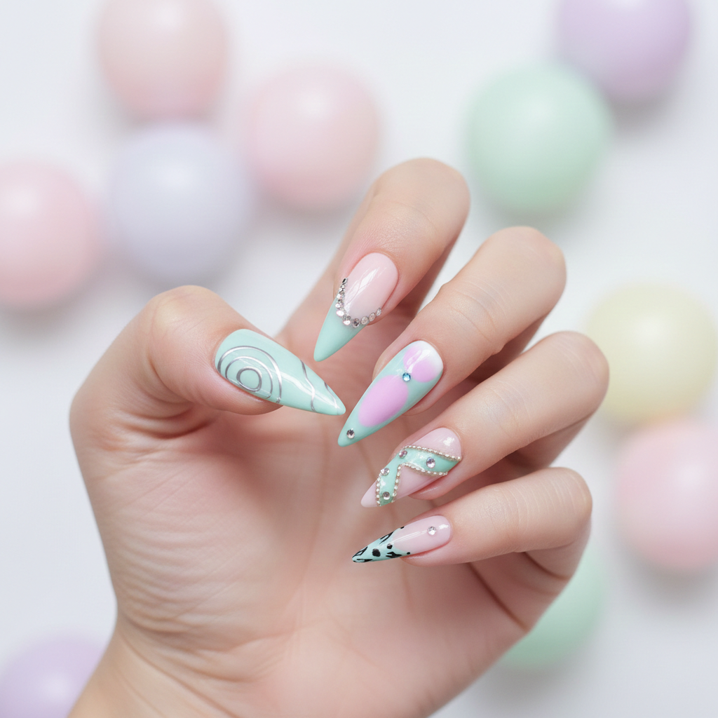 Mint Green and Pink Glam Press-on nails – Rhinestone Statement Manicure